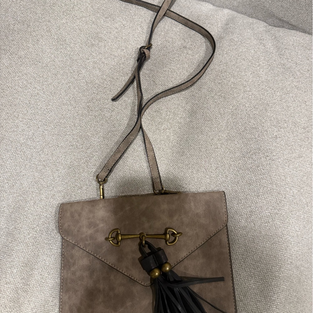 Taupe Crossbody Shoulder Bag with Tassel Accent